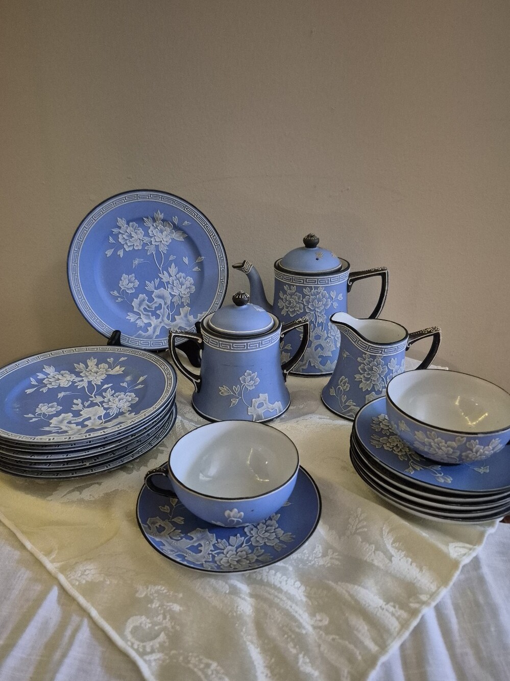 Antique Nippon 17 Piece Blue Jasperware Tea Set
